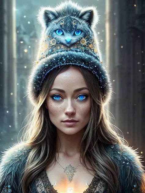 a portrait photo Olivia Wilde, dirty, freezing, masterpiece, (beautiful detailed blue eyes:1.3), best quality, big mustache, illustration, (detailed lighting:1.4), detailed water, (beautiful detailed glow:1.5), fur coat, thick fur, witch hat, old glasses, intricate, digital painting, smooth, sharp focus, end of the world, epic realistic, (hdr:1.4), (muted colors:1.4), apocalypse, abandoned, neutral colors, night, screen space refractions, (intricate details, hyperdetailed:1.3), artstation, cinematic shot, vignette, complex background, old building, magic firefly