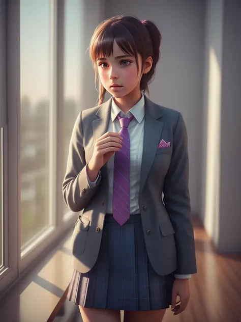 a girl, wearing a tie, cupcake in her hands, school, indoors, (soothing tones:1.25), (hdr:1.25), (artstation:1.2), dramatic, (intricate details:1.14), (hyperrealistic 3d render:1.16), (filmic:0.55), (rutkowski:1.1), (faded:1.3)