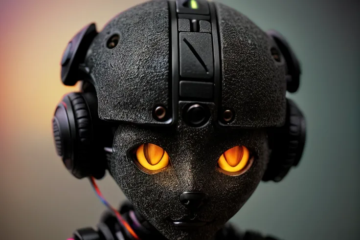 a cat, black dummy without a face, ((((with mechanical brains in head)))), warrior, weapon, cybernetics, many oil and electric hoses, apocalypse after war, atmosphere in the background, many colorful lights on the background, epic realistic, epic pose, bokeh 4k textures, faded, neutral colors, muted colors, dimmed colors, film grainy, lut, technicolor, low contrast, ((((HDR++)))), ((((muted colors)))), ((((cinematic look)))), soothing tones, insane details, intricate details, intricate scene, artstation, hyperdetailed, cinematic shot, adobe lightroom, photolab, warm lights, dramatic light, vignette, complex background, dim colors, exposure blend, slate gray atmosphere, (vsco:0.3)