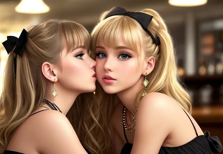 blonde + brown kissing at the bar,(photorealistic:1.4), best quality, beautiful lighting,cinema lights,film grain,jewelry, blurry, necklace, earrings, indoors, bangs, lips, ribbon, bow, twintails, long hair , depth of field, blurry background, piercing eyes, hair ribbon, upper body, parted lips, hair bow, black eyes, bare shoulders, complex background