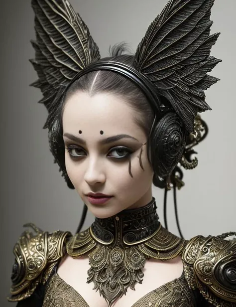 tilt-shifted anthropomorphic [Hypnotoad  : biomech girl : 8], eyes shining, slight smile, bright skin, natural skin texture, ultra detailed skin, high fashion make up, helmet with curly snakes on the head, (large wings under the shoulders), composition is balanced and dynamic, vantablack hypnotoad filigree, gem studded, hypnotoad armor, detailed eyes, ornate detail + perfectionism + hypermetamorphosis + ultra detailed metal + dramatic + art by Emil Melmoth, Giger, Marcin Nargraba, Rebecca Millen