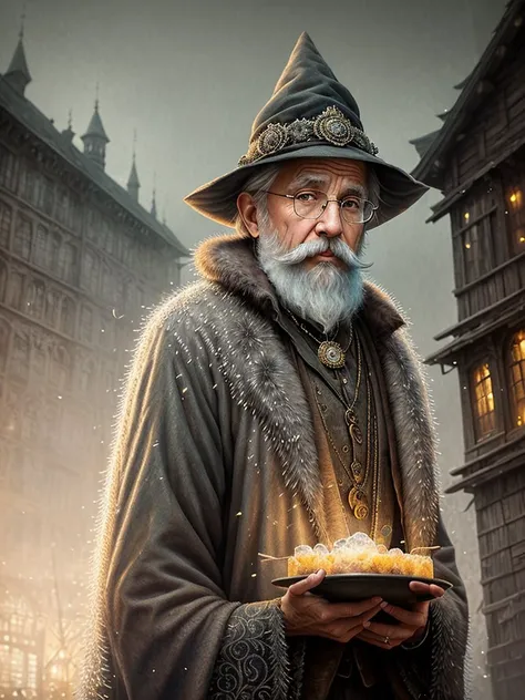a portrait photo Old man, Merlin, dirty, freezing, masterpiece, (beautiful detailed eyes:1.1), best quality, big mustache, illustration, (detailed lighting:1.4), detailed water, (beautiful detailed glow:1.5), fur coat, thick fur, witch hat, old glasses, intricate, digital painting, smooth, sharp focus, end of the world, epic realistic, (hdr:1.4), (muted colors:1.4), apocalypse, abandoned, neutral colors, night, screen space refractions, (intricate details, hyperdetailed:1.3), artstation, cinematic shot, vignette, complex background, old building, magic firefly