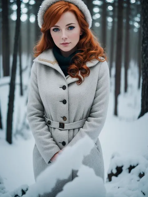foxie european mature woman, ginger hair, winter forest, natural skin texture, 24mm, 4k textures, soft cinematic light, adobe lightroom, photolab, hdr, intricate, elegant, highly detailed, sharp focus, ((((cinematic look)))), soothing tones, insane details, intricate details, hyperdetailed, low contrast, soft cinematic light, dim colors, exposure blend, hdr, faded