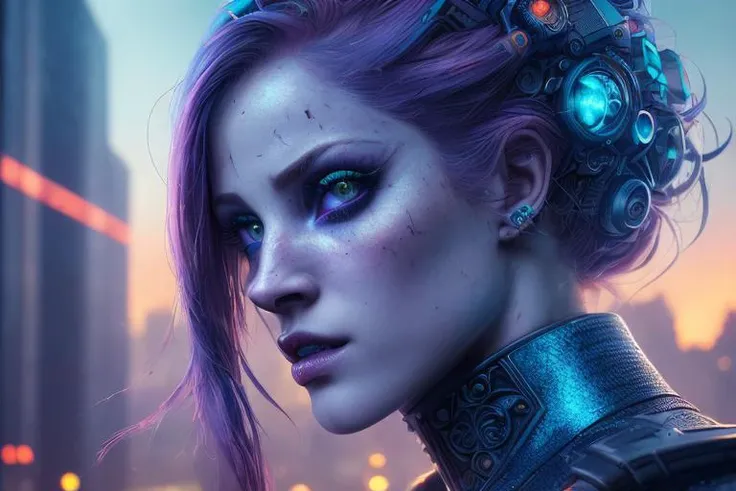 full color painting of cyberpunk (ginger head:1.1) woman, high heel shoes, (perfect hourglass figure), (((apocalypse art), on a photographic buildings background, insane details, intricate details, hyperdetailed, low contrast, soft cinematic light, dim colors, exposure blend, hdr, faded, cinematic, dimmed colors, dark shot, muted colors, film grainy, lut, insane details, intricate details, hyperdetailed, closeup, twilight, realistic, maximum details, extremely hyper aesthetic, 4k textures, ultra realistic eyes