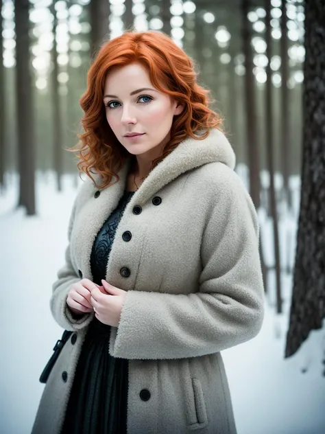 foxie european mature woman, ginger hair, winter forest, natural skin texture, 24mm, 4k textures, soft cinematic light, adobe lightroom, photolab, hdr, intricate, elegant, highly detailed, sharp focus, ((((cinematic look)))), soothing tones, insane details, intricate details, hyperdetailed, low contrast, soft cinematic light, dim colors, exposure blend, hdr, faded