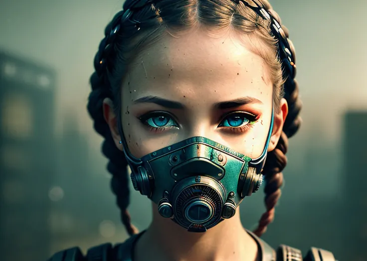 a robo-girl with head braid apocalypse atmosphere in the background, oxygen cyber-mask on the face, [(red lights eyes):0.8], realistic eyes, focus eyes, detailed eyes, great eyelashes, mouth open a bit, (closeup:1.2), creative, steampunk, many mechanic parts and detailed, epic realistic, faded, neutral colors, ((((HDR)))), ((((muted colors)))), insane details, intricate scene, artstation, (hyperdetailed:1.1), cinematic shot, warm lights, dramatic light, (intricate details:1.1), vignette, complex background, [[teal and orange]], slate gray atmosphere, (vsco:0.3)