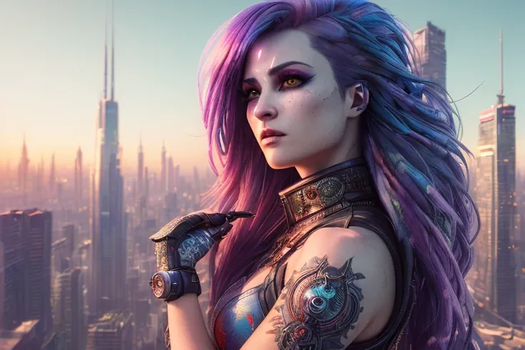full color painting of cyberpunk woman, red flowing hair, high heel shoes, (perfect hourglass figure), (((apocalypse art), on a photographic buildings background, insane details, intricate details, hyperdetailed, low contrast, soft cinematic light, dim colors, exposure blend, hdr, faded, cinematic, dimmed colors, dark shot, muted colors, film grainy, lut, insane details, intricate details, hyperdetailed, closeup, twilight, realistic, maximum details, extremely hyper aesthetic, 4k textures, ultra realistic eyes