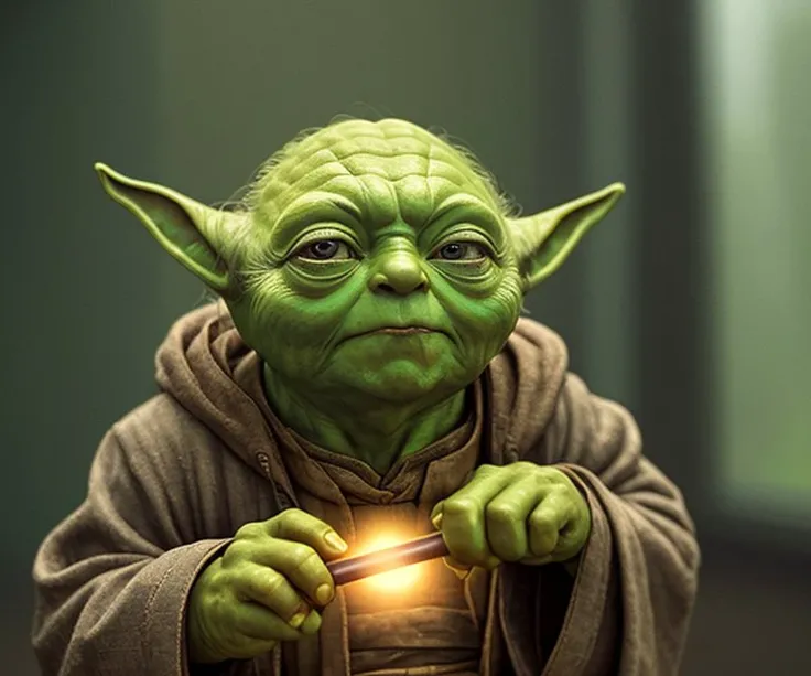4k, a low Master Yoda with a cane, eye contact, male_focus, background indoors, precisionism,, ((((cinematic look)))), soothing tones, insane details, intricate details, hyperdetailed, low contrast, soft cinematic light, dim colors, exposure blend, hdr, faded, slate gray atmosphere