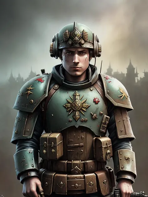 (Warhammer 40k), (soothing tones:1.25), (hdr:1.35), (artstation:1.5), (intricate details:1.14), (rutkowski:1.1), (faded:1.3), (muted colors:1.1), (illustration:1.3), (wounded guardsman), (solo), (1boy)