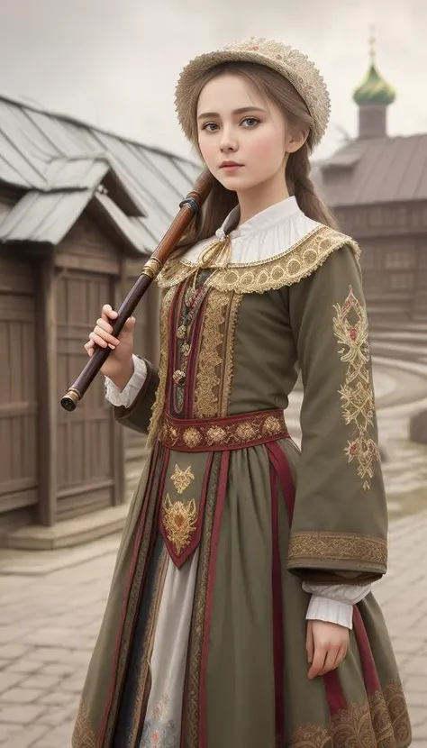 Russian russian national costume, young girl holding  a pipe in right hand, Russian national costume, , Russian national costume, wooden buildings on the background, epic realistic, faded, neutral colors, (hdr:1.4), (muted colors:1.4), (intricate), (artstation:1.2), dramatic, intricate details, (technicolor:0.9), detailed, [[rutkowski]], intricate, cinematic, detailed