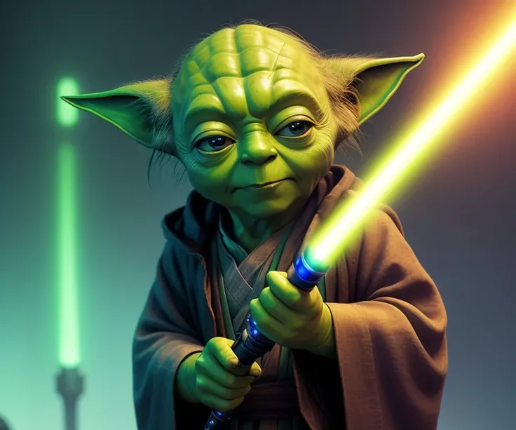 4k, a low Master Yoda, eye contact, energy_sword, glowing, holding lightsaber, indoors, blurred background,, ((((cinematic look)))), soothing tones, insane details, intricate details, hyperdetailed, low contrast, soft cinematic light, dim colors, exposure blend, hdr, faded, slate gray atmosphere