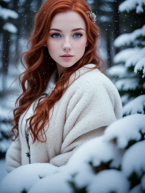 foxie european woman, ginger hair, winter forest, natural skin texture, 24mm, 4k textures, soft cinematic light, adobe lightroom, photolab, hdr, intricate, elegant, highly detailed, sharp focus, ((((cinematic look)))), soothing tones, insane details, intricate details, hyperdetailed, low contrast, soft cinematic light, dim colors, exposure blend, hdr, faded