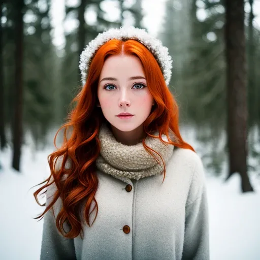 foxie european woman, ginger hair, winter forest, natural skin texture, 24mm, 4k textures, soft cinematic light, adobe lightroom, photolab, hdr, intricate, elegant, highly detailed, sharp focus, ((((cinematic look)))), soothing tones, insane details, intricate details, hyperdetailed, low contrast, soft cinematic light, dim colors, exposure blend, hdr, faded