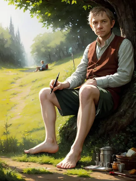 Martin Freeman as Bilbo Baggins, sits under a tree and smokes a pipe
wearing shorts,
hobbit of the Shire, (bare feet), ((hairy legs)),
High detail RAW color art, animation
Atey Ghailan, by Jeremy Mann, Greg Manchess, Antonio Moro, trending on ArtStation, trending on CGSociety, Intricate, High Detail, Sharp focus, dramatic, photorealistic painting art by midjourney and greg rutkowski, bokeh on background