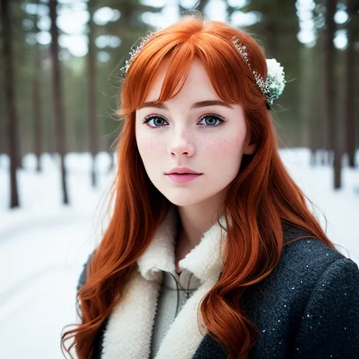 foxie european woman, ginger hair, winter forest, natural skin texture, 24mm, 4k textures, soft cinematic light, adobe lightroom, photolab, hdr, intricate, elegant, highly detailed, sharp focus, ((((cinematic look)))), soothing tones, insane details, intricate details, hyperdetailed, low contrast, soft cinematic light, dim colors, exposure blend, hdr, faded
