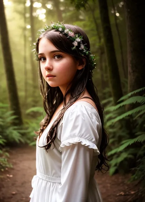 A portrait of a girl in a wet white dress, Shiny brown hair, cloesup shot, Mystical forest in the background, HDR, Cinematic, F/2.8, Lens Flare, Sunlight, Cinematic Lighting