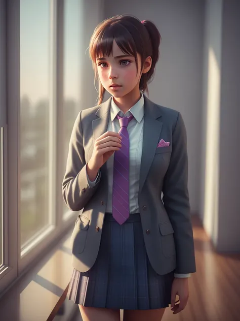 a girl, wearing a tie, cupcake in her hands, school, indoors, (soothing tones:1.25), (hdr:1.25), (artstation:1.2), dramatic, (intricate details:1.14), (hyperrealistic 3d render:1.16), (filmic:0.55), (rutkowski:1.1), (faded:1.3)