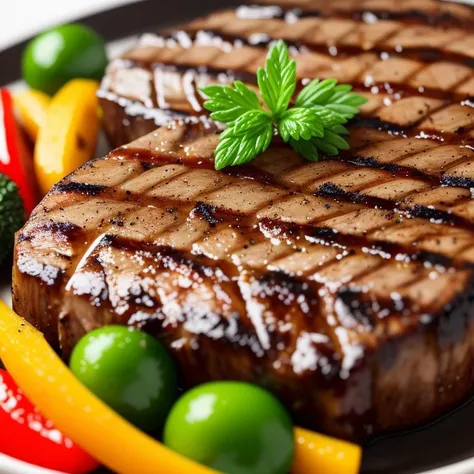 4k, juicy grilled steak with herbs and grilled vegetables, close-up, focus