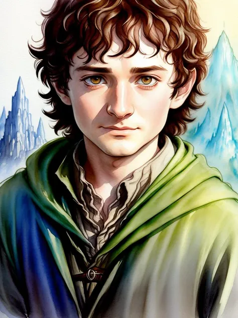 the lord of the rings, frodo baggins, Elijah Wood, cartoon, (aquarelle:1.4), hdr, detailed, soft shadows, artstation, closeup