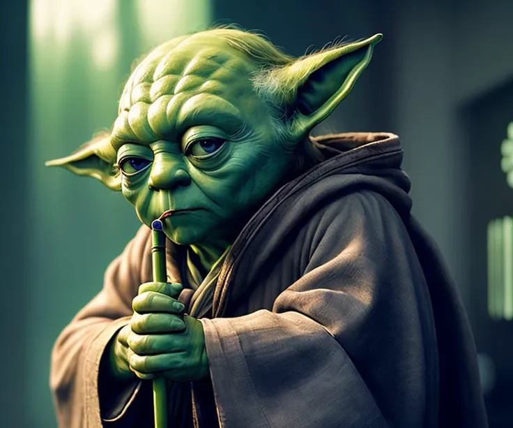 4k, a low Master Yoda with a cane, eye contact, focus, background indoors, precisionism,, ((((cinematic look)))), soothing tones, insane details, intricate details, hyperdetailed, low contrast, soft cinematic light, dim colors, exposure blend, hdr, faded, slate gray atmosphere