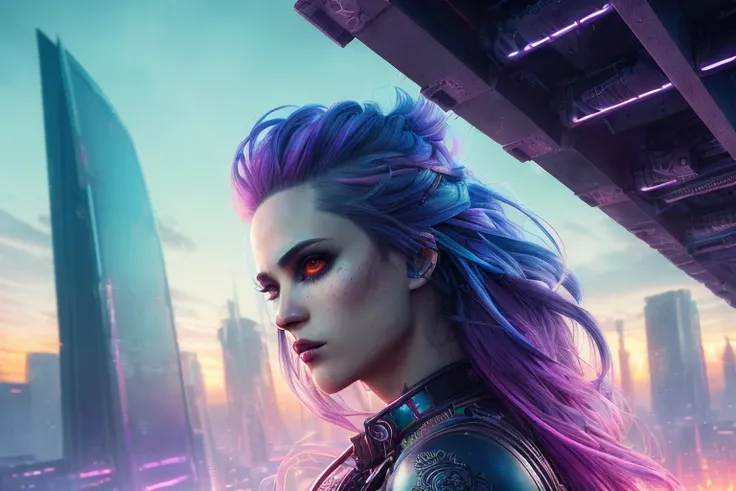 full color painting of cyberpunk woman, red flowing hair, high heel shoes, (perfect hourglass figure), (((apocalypse art), on a photographic buildings background, insane details, intricate details, hyperdetailed, low contrast, soft cinematic light, dim colors, exposure blend, hdr, faded, cinematic, dimmed colors, dark shot, muted colors, film grainy, lut, insane details, intricate details, hyperdetailed, closeup, twilight, realistic, maximum details, extremely hyper aesthetic, 4k textures, ultra realistic eyes