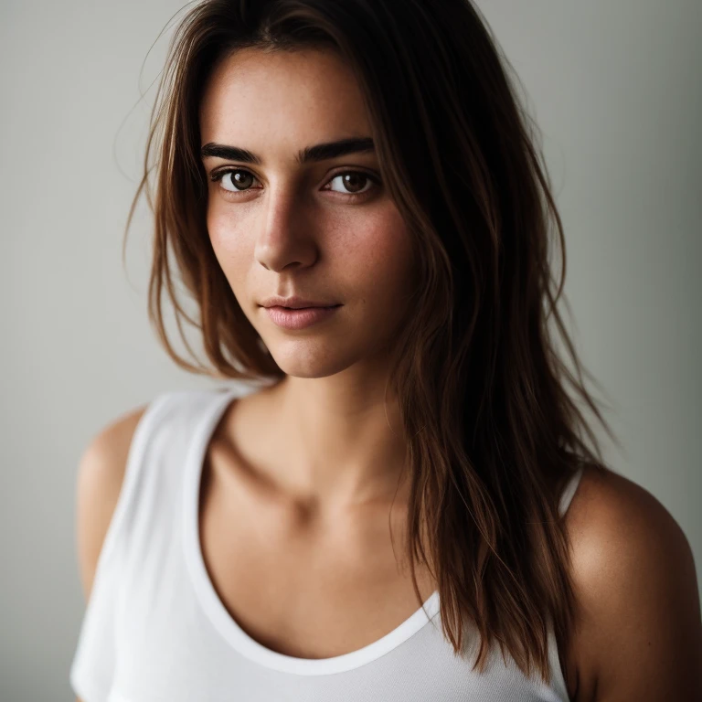 A look at the camera, young french woman, brown eyes , cut to the shoulders, sheer white t-shirt, (freckles:0.3), (moles:0.3), smal tits, clean face, no makeup, natura, portrait, 50 mm, Full Frame, bokeh, 4k resolution, Rafael Amarante