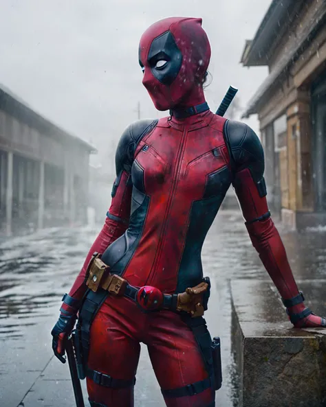 Deadpool, 1girl, cinematic, hyperrealistic, photo,
full body, sexy, bare shoulders, big breasts, tight clothes,
skin detailed, hdr, cinematography, raining, epic, night,