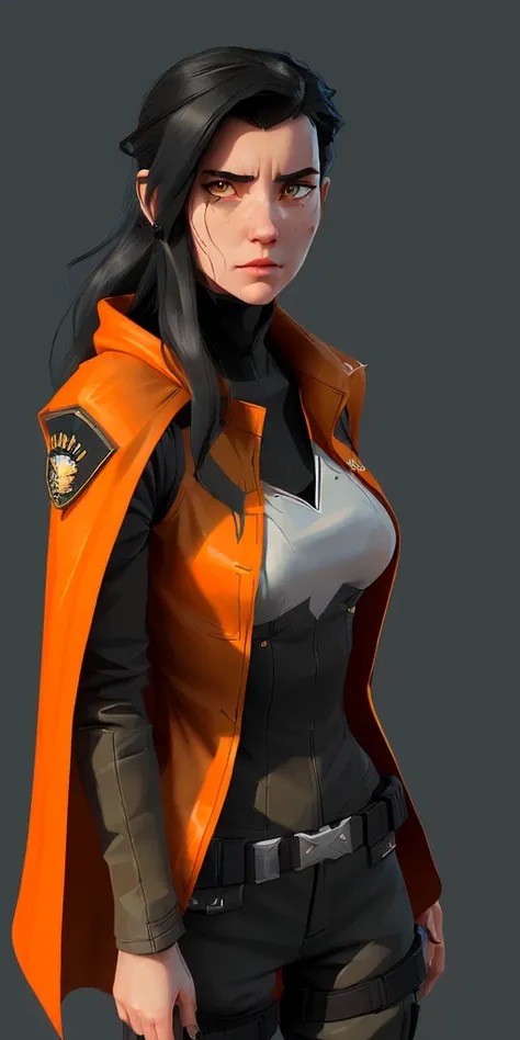 long black-haired white 17-year-old girl wear military suit, orange cape, big hazel eyes, sci-fi, dark mood, <lora:samdoesartsSamYang_offsetRightFilesize:0.7> <lora:arcaneStyleLora_offset:0.3> charturnerv2