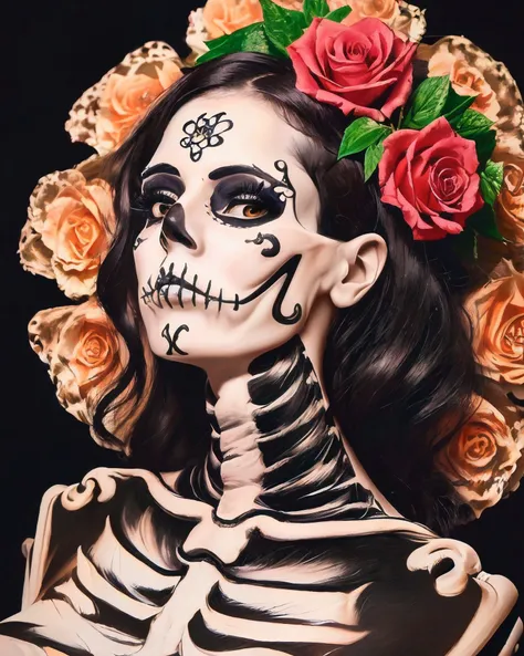 nsfw, raw photo, Masterpiece, best quality, professional illustration, woman, (catrina skeleton:1.2) (dia de muertos:1.2), (catrina face makeup:1.2), (long black dress:1.2), (ghostly glow:1.2) background is a dark graveyard.