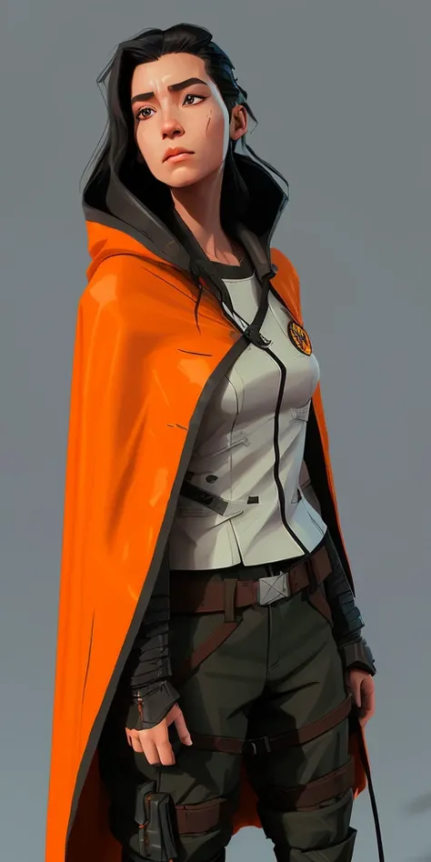 long black-haired white 17-year-old girl wear military suit, orange cape,backpack, big hazel eyes, sci-fi, dark mood, <lora:samdoesartsSamYang_offsetRightFilesize:0.7> <lora:arcaneStyleLora_offset:0.3> charturnerv2