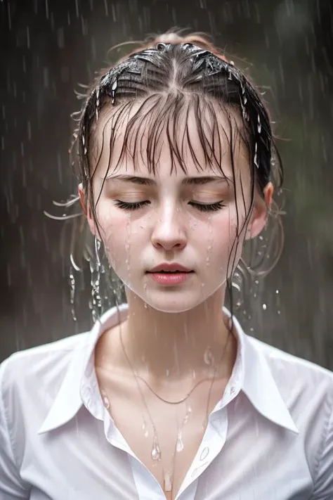Russian girl, looking up, eyes closed, open mouth, white shirt, unbuttoned, clean face, no makeup, natura, wet, rain, portrait, 50 mm