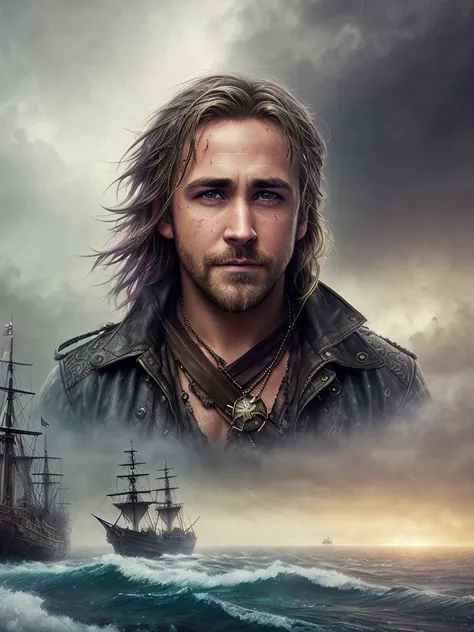 a portrait photo Ryan Thomas Gosling, natural skin texture, 24mm, 4k textures, dirty skin, soft cinematic light, adobe lightroom, photolab, smiling, bandana, detailed rain, detailed water drops, wet skin, freezing, masterpiece, (beautiful detailed eyes:1.1), best quality,  illustration, (detailed lighting:1.2),  (beautiful detailed glow:1.3),  leather clothing, deep cleavage,  intricate, digital painting, smooth, sharp focus, end of the world, epic realistic, (hdr:1.4), (muted colors:1.4), pirates, neutral colors, night, screen space refractions, (intricate details, hyperdetailed:1.3), cinematic shot, vignette, sea ship deck background, pirate ships battle background, dim colors