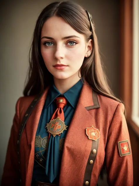 photo of a woman, [ USSR girl style | steampunk |  USSR girl style ], [steampunk | USSR city background], canon like photo , aperture F1.8,  soft light, lut, incredible detailed,  realism ,(fabric with intricate pattern:1.2),hammer and sickle, red tie,  realistic eyes,