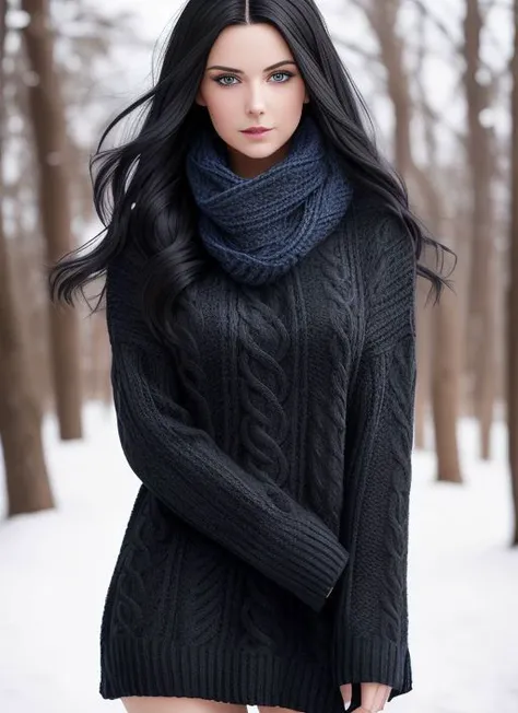 masterpiece, beautiful woman, ((black hair)), blue eyes, small breasts,(wearing sweater and scarf and leggings), hair flowing in wind, goth, (from behind), (detailed facial features), winter, (realistic), (hyperdetailed:1.15), detailed eyes, (full body:1.5), photorealistic, sharp focus, 8k uhd, dslr, high quality, film grain,