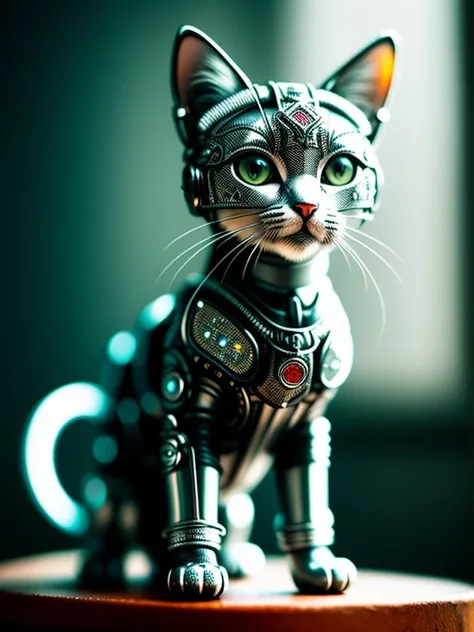 a cute kitten made out of metal, (cyborg:1.1), ([tail | detailed wire]:1.3), (intricate details), hdr, (intricate details, hyperdetailed:1.2), cinematic shot, vignette, centered
