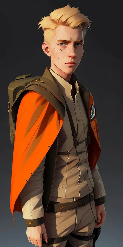 blond-haired white 17-year-old boy wear military suit, orange cape,backpack, big hazel eyes, sci-fi, dark mood, <lora:samdoesartsSamYang_offsetRightFilesize:0.7> <lora:arcaneStyleLora_offset:0.3> charturnerv2