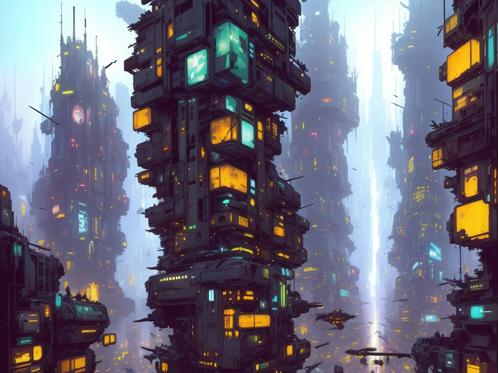 Futuristic city with a lot of tall buildings and a lot of lights ...