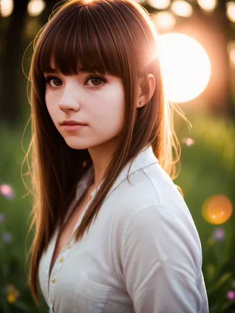 portrait of a cute woman, (backlighting), bangs, realistic, masterpiece, highest quality, lens flare, shade, bloom, [[chromatic aberration]]