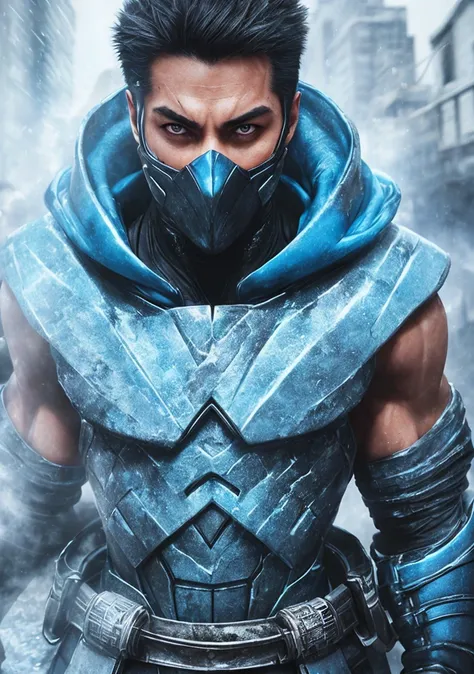 sub zero, cinematic, hyperrealistic, photo, skin detailed, hdr, cinematography, ice city background
