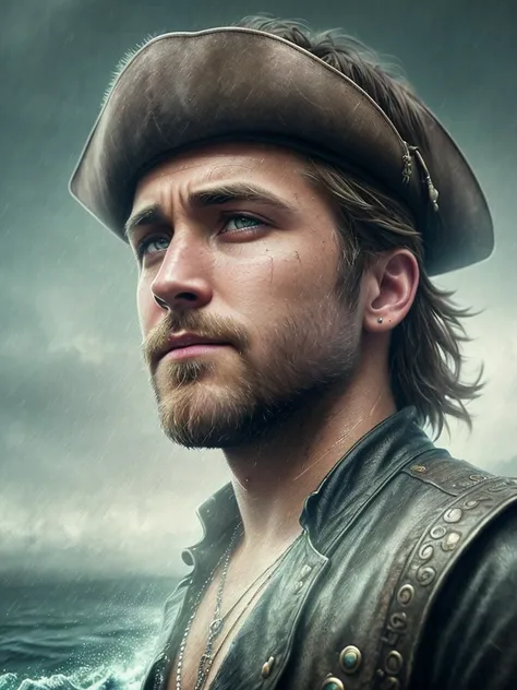 a portrait photo Ryan Thomas Gosling, natural skin texture, 24mm, 4k textures, dirty skin, soft cinematic light, adobe lightroom, photolab, smiling, bandana, detailed rain, detailed water drops, wet skin, freezing, masterpiece, (beautiful detailed eyes:1.1), best quality, illustration, (detailed lighting:1.2), (beautiful detailed glow:1.3), leather clothing, deep cleavage, intricate, digital painting, smooth, sharp focus, end of the world, epic realistic, (hdr:1.4), (muted colors:1.4), pirates, neutral colors, night, screen space refractions, (intricate details, hyperdetailed:1.3), cinematic shot, vignette, sea ship deck background, pirate ships battle background, dim colors