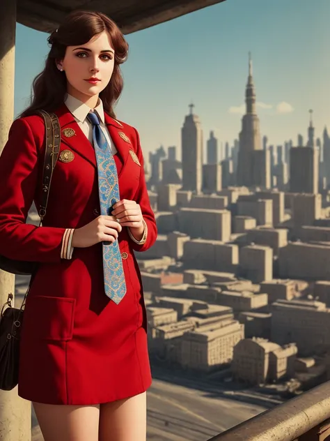 photo of a woman, [ USSR girl style | steampunk |  USSR girl style ], [steampunk | USSR city background], canon like photo , aperture F1.8,  soft light, lut, incredible detailed,  realism ,(fabric with intricate pattern:1.2),hammer and sickle, red tie,