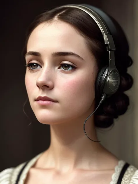 Jane Eyre with headphones, natural skin texture, 24mm, 4k textures, soft cinematic light, adobe lightroom, photolab, hdr, intricate, elegant, highly detailed, sharp focus, ((((cinematic look)))), soothing tones, insane details, intricate details, hyperdetailed, low contrast, soft cinematic light, dim colors, exposure blend, hdr, faded