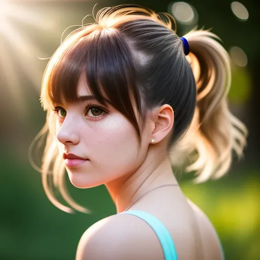 portrait of a cute woman, (backlighting), bangs, realistic, masterpiece, highest quality, lens flare, shade, bloom, [[chromatic aberration]]