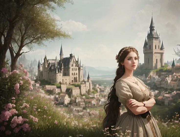 portrait, a woman, (crossed wrists rest on waist:1.2), 18th century fashion, aristocratic, fair skin, (french braid), jewellery, posh garments, intricate details, meadow, high grass, medieval town in the background, castle on top of a hill, art by Caravaggio