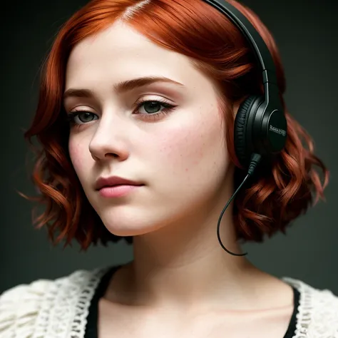 hipster, Jane Eyre with headphones, natural skin texture, red hair, 24mm, 4k textures, soft cinematic light, adobe lightroom, photolab, hdr, intricate, elegant, highly detailed, sharp focus, ((((cinematic look)))), soothing tones, insane details, intricate details, hyperdetailed, low contrast, soft cinematic light, dim colors, exposure blend, hdr, faded