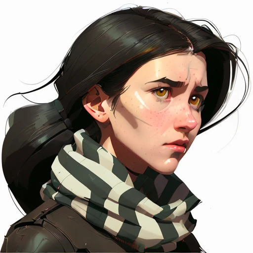 long black-haired white 17-year-old girl with Striped Scarf, character turnaround, big hazel eyes, detailed face, sf suit, sci-fi style, Dark Horse Comics <lora:samdoesartsSamYang_offsetRightFilesize:0.8> <lora:arcaneStyleLora_offset:0.2> charturnerv2 512paintstyle3-light