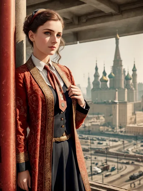 photo of a woman, [ USSR girl style | steampunk |  USSR girl style ], [steampunk | USSR city background], canon like photo , aperture F1.8,  soft light, lut, incredible detailed,  realism ,(fabric with intricate pattern:1.2),hammer and sickle, red tie,