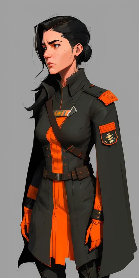 long black-haired white 17-year-old girl wear military suit, orange cape, big hazel eyes, sci-fi, dark mood, <lora:samdoesartsSamYang_offsetRightFilesize:0.7> <lora:arcaneStyleLora_offset:0.3> charturnerv2