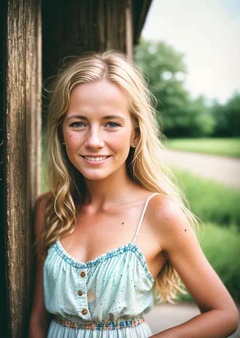 a photo of a dutch blonde woman (smiling:1.05)(old:1.02) standing by a [window | car door | motorbike | tree | kitchen], wearing a loose sundress, 1970s (faded:1.3), (arm hair, spots, moles, red button nose, round eyes, long hair, frown lines), (faded, neutral colors, CANON AE-1:1.1, high noise, grainy, film grain, blurry, 32mm, aged photo, raytracing:1.1)