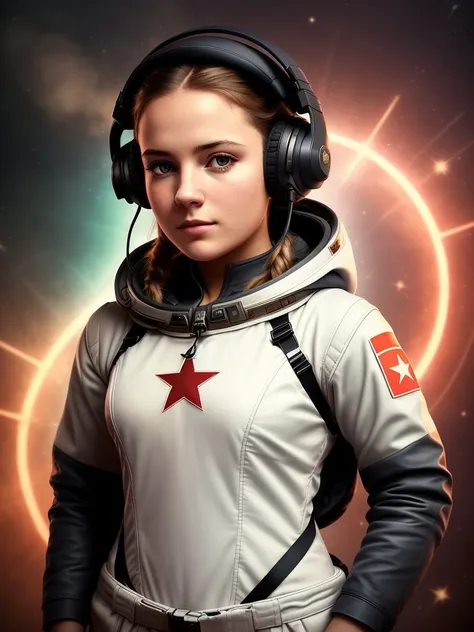 a portrait photo of a white girl, (pressure suit: 0.03), communism, (hdr:1.28), hyperdetailed, cinematic, warm lights, intricate details, hyperrealistic, dark radial background, (muted colors:1.38), (neutral colors:1.2), red star, hammer and sickle, tactical headphones, USSR